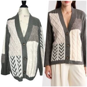 Industry | Women | Wool Blend Colorblock Mixed Stitch Patchwork Cardigan | Small